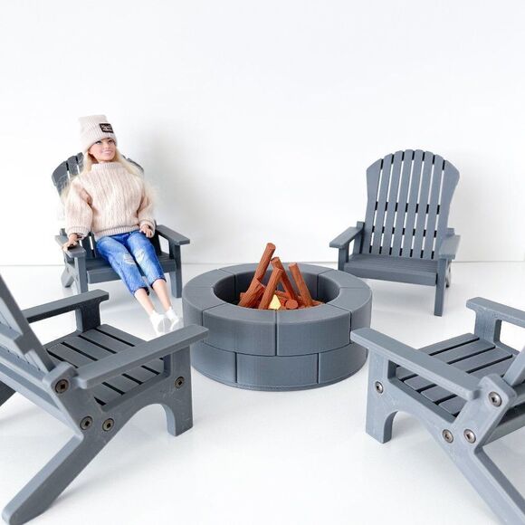 4 Charcoal Miniature Adirondack Chairs Round Firepit W/Flickering Logs 1:6 Scale - Picture 9 of 9